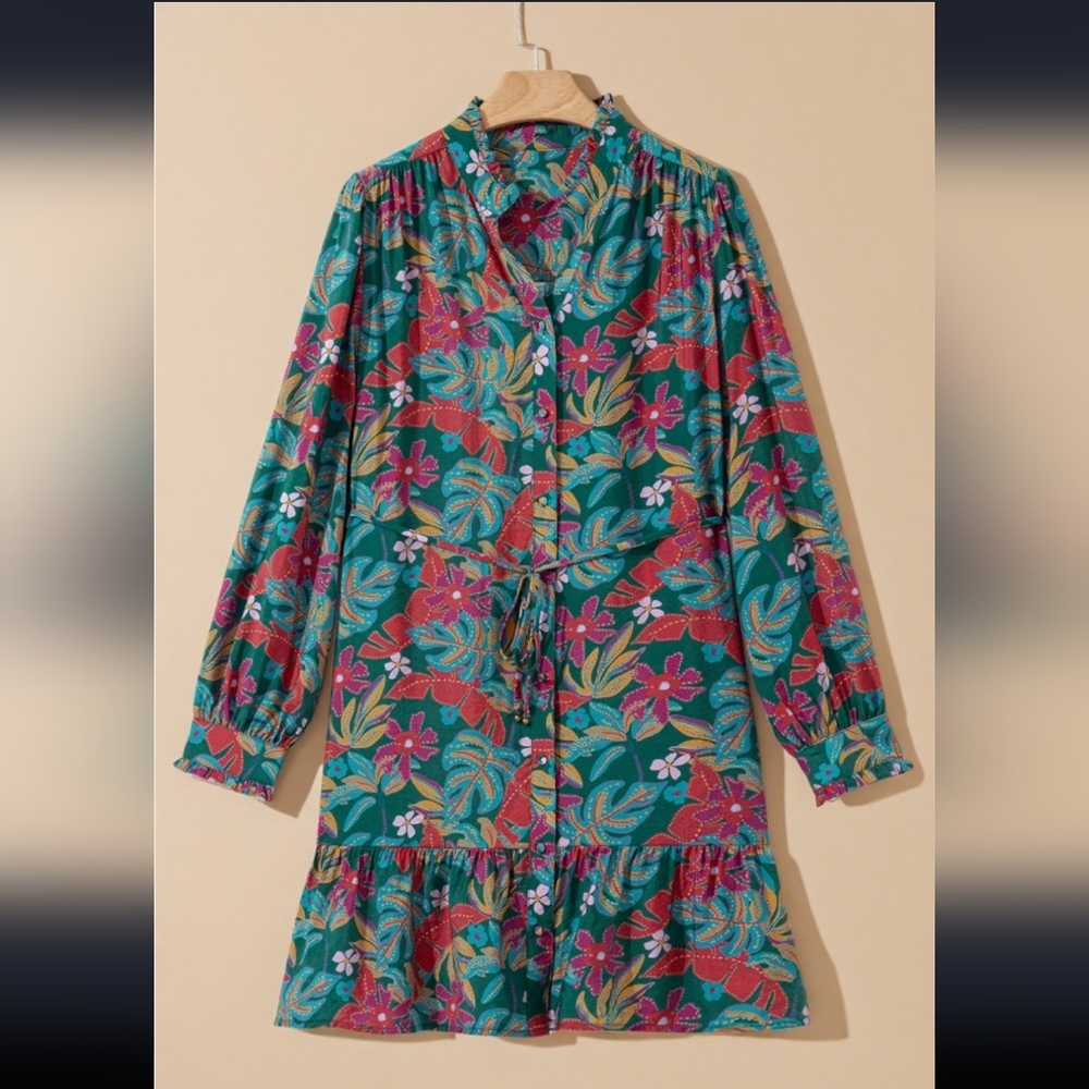 Leaf Print Ruffle Mini Dress - Picture 4 of 6